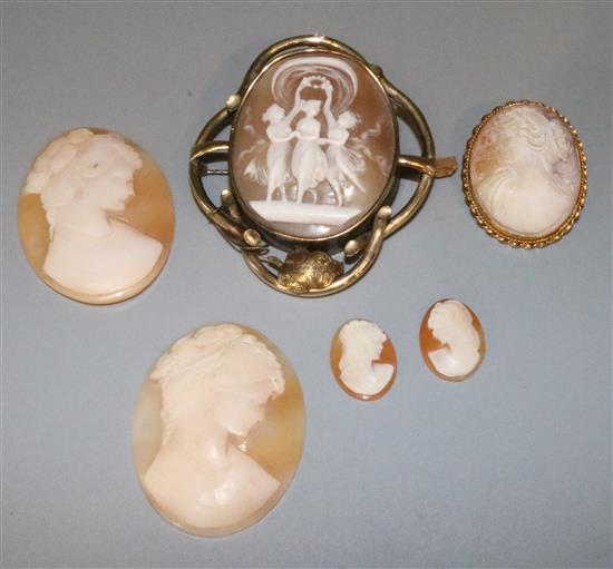 2 gold mounted cameos & 3 other loose cameos